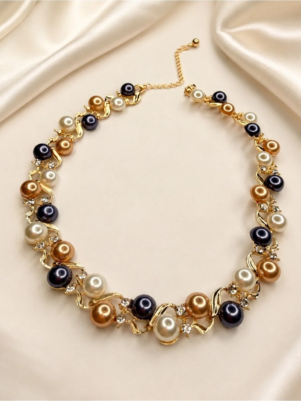 Gold Collar Necklace with Black, White and Champagne Pearls